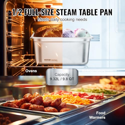 VEVOR 6 Pack Stainless Steel Hotel Pans - 1/2 Size 6-Inch Deep 0.8mm Thick Anti-Jam Commercial Food Pans for Steam Tables, Restaurants, Catering & Industrial Use - size: 1/2 Size, style: 6 Inch Deep Thickened