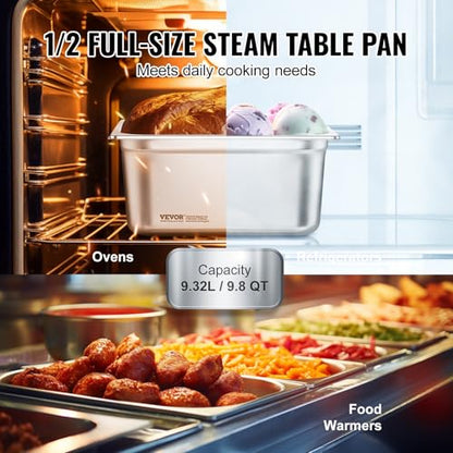 VEVOR 6 Pack Stainless Steel Hotel Pans - 1/2 Size 6-Inch Deep 0.8mm Thick Anti-Jam Commercial Food Pans for Steam Tables, Restaurants, Catering & Industrial Use - size: 1/2 Size, style: 6 Inch Deep Thickened