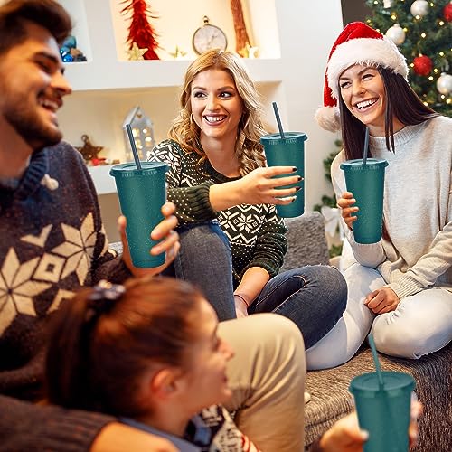 24 Pack Plastic Tumblers With Lids and Straws, Reusable Colorful Cups for Parties, Birthdays, Iced Coffee, Travel Mug, Cold Drinks (24 oz, Dark Green) - color: Dark Green-24pcs