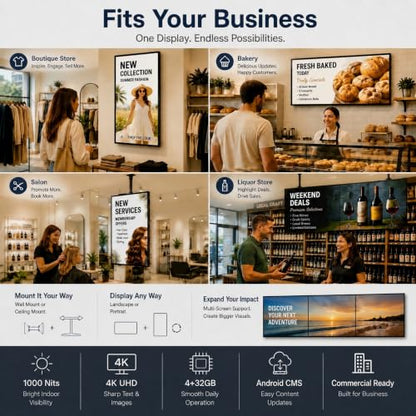32" Wall-Mounted Digital Signage Display, 4K Menu Board - size: 32 Inch