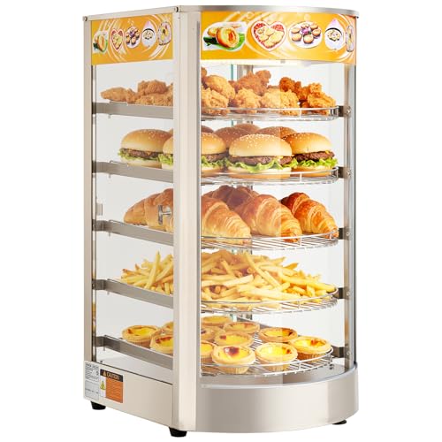 VEVOR 5-Tier Commercial Food Warmer Display, 800W Food Display Warmer with LED Light, Adjustable Shelf and Stainless Steel Frame, 86℉~185℉ Air Heating, 60L for Hamburger, Pizza, Bread, Fried Chicken - size: 5-Tier-63Qt