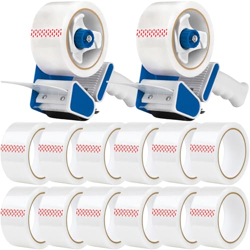 2 Pack Heavy Duty Packing Tape Dispenser Gun with 12 Pack Clear Packaging Tapes, 2 Inch Packaging Tape with Dispenser for Carton Sealing, Moving Boxes, Shipping (Blue) - color: Blue