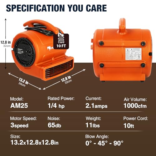 MOUNTO 1/4hp 1000CFM 2 Speed Air Mover Carpet Dryer Floor Fan Cooling Fan (Orange) - color: Orange