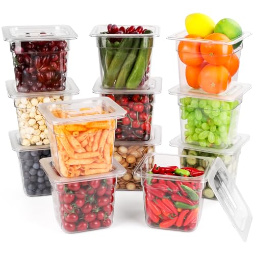 VOISEN 12 Pack Plastic Food Pan with Lids 1/6 Size 6 Inch Deep - color: 12 Pack 1/6 6"Deep