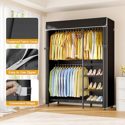 ULIFHOME F2C Clothes Rack with Cover, 47.2"W x 16.5"D x 78.3"H, Load 692lbs - color: Black Closet with Black Cover