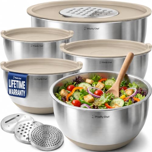 Priority Chef Stainless Steel Mixing Bowls with Lids Set, 3 Grater Attachments, Airtight Lids, Non-Slip Silicone Base Mixing Bowl Set, Large Prep Metal Mixing Bowls for Kitchen, Khaki - color: Khaki