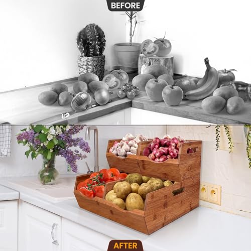 2-tier Stackable Bamboo Pantry Storage Bins, Potato & Onion Storage Baskets