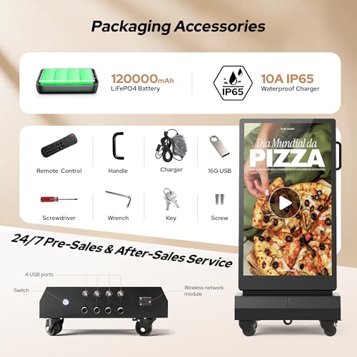 43 Inch Outdoor Double Sided Digital Signage Display, Battery Powered Waterproof Advertising Screen with 2000 Nits Brightness, Android 13, WiFi, Cloud CMS for Retail, Events & Commercial Use
