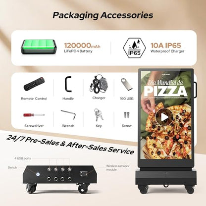 43 Inch Outdoor Double Sided Digital Signage Display, Battery Powered Waterproof Advertising Screen with 2000 Nits Brightness, Android 13, WiFi, Cloud CMS for Retail, Events & Commercial Use
