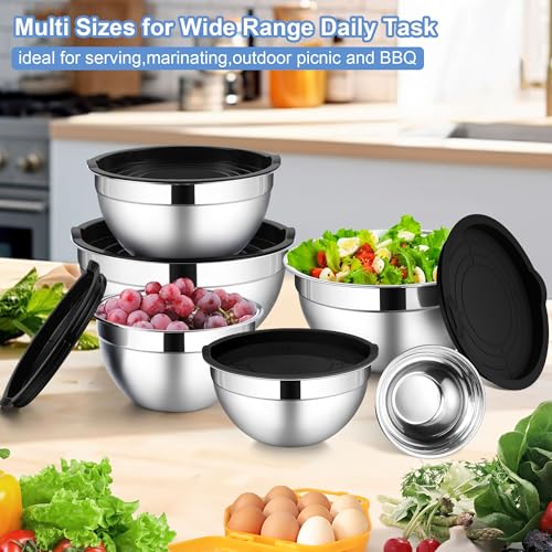 LIANYU Mixing Bowls with Lids Set of 6, Stainless Steel Nesting Metal Bowl - color: Black, style: Atlas Base with Airtight Lids