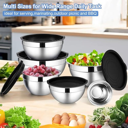 LIANYU Mixing Bowls with Lids Set of 6, Stainless Steel Nesting Metal Bowl - color: Black, style: Atlas Base with Airtight Lids