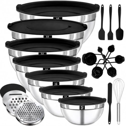 21PCS Mixing Bowls with Lids Set - 7 Nesting Mixing Bowls, 3 Graters, 11 Baking Tools, Lids, Stainless Steel Mixing Bowls for Mixing & Baking, Size 0.7/1.1/1.5/2.1/3.5/4/4.5 QT, Black - color: Mixing bowls 16Pcs Black-set