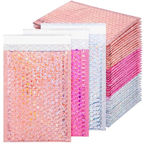 60 Pcs Small Bubble Mailers Cute Holographic Padded Envelopes, 6 x 9.5 Inch Self Seal Waterproof Shipping Bags for Jewelry Makeup Accessories Small Business (Silver Pink Rose Pink)