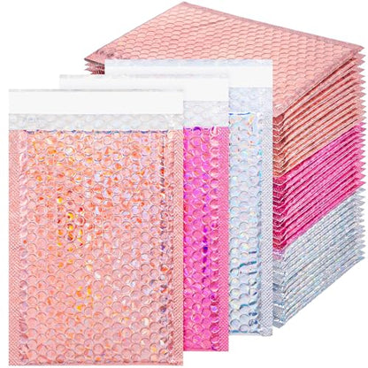 60 Pcs Small Bubble Mailers Cute Holographic Padded Envelopes, 6 x 9.5 Inch Self Seal Waterproof Shipping Bags for Jewelry Makeup Accessories Small Business (Silver Pink Rose Pink)