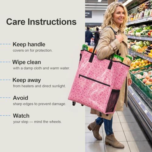 Reusable Grocery Bags on 4 Wheels, 18 Gallon Rolling Shopping Tote Bag - color: Pink