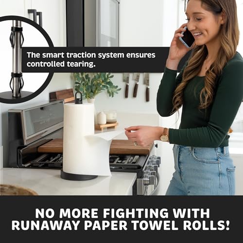 Stainless Steel Paper Towel Holder with Spray Pump – One-Handed Tear, Smart Traction System with Heavy Duty Suction Cups (Black, Spray Pump) - color: Black