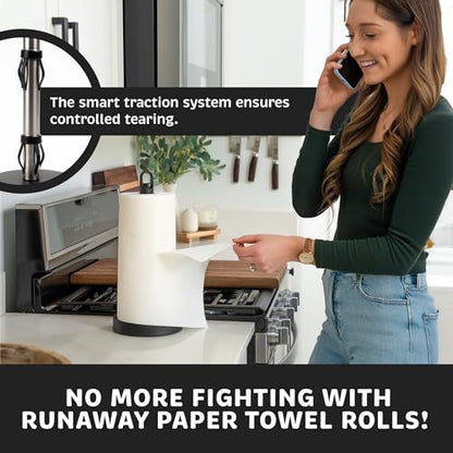 Stainless Steel Paper Towel Holder with Spray Pump – One-Handed Tear, Smart Traction System with Heavy Duty Suction Cups (Black, Spray Pump) - color: Black
