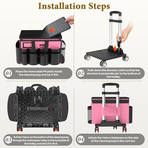 Cleaning Caddy with Wheels - Rolling Cleaning Caddy Bag with Detachable Trolley, Cleaning Caddy for Cleaning Supplies, Cleaning Bag for Housekeeping, Pink - color: Pink
