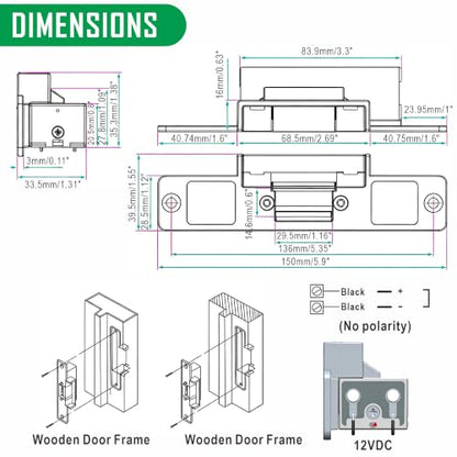 UHPPOTE Electric Door Strike Lock Fail Safe 12VDC for Access Control System