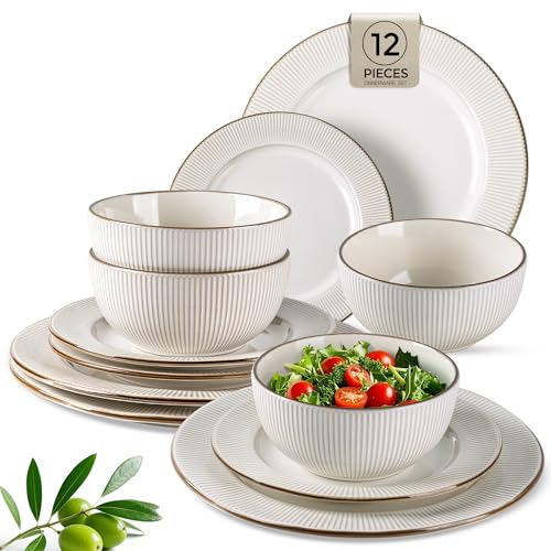 GBHOME Ceramic Dinnerware Sets,12 pcs Embossed Elegant Stoneware Plates and Bowls Sets, Housewarming Wedding Gift | Dishwasher & Microwave Safe | Dishes Set Service for 4 - color: Off-White, size: Service for 4 (12 pcs)