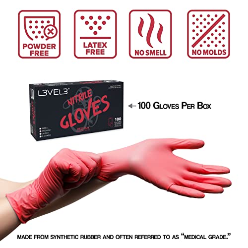 L3 Level 3 Nitrile Gloves - Professional Heavy Duty Disposable Gloves - Latex Free - Fits Snug - Box of 100 - color: Red, size: Medium (Pack of 100)