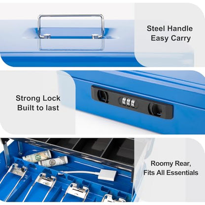 Cash Box with Snap Latch Combination Lock and Sliding Coin Lid, Secure Cash Box with Money Tray and Lock, Durable Safe Money Box for Home and Office,Blue,11.8"L x 9.5"W x 3.5"H - color: Deep Cobalt