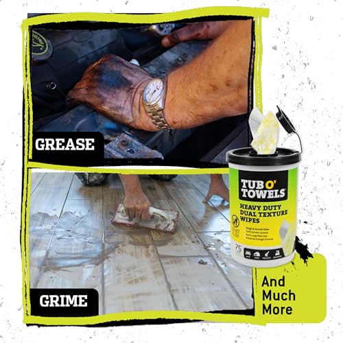Tub O' Towels TW75 Heavy-Duty Multi-Surface Cleaning Wipes – Dual Texture 10" x 12" XL – Removes Grease, Tar, Oil, Paint, Ink & Tough Stains – Degreaser for Home, Garage, Auto & Workshop (Pack of 2) - size: 1 Count (Pack of 2)