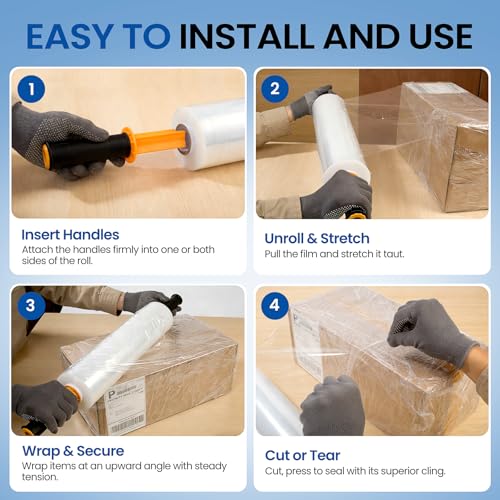 Stretch Film Wrap 15 Inch x 1200 Feet Self-Adhering Shrink Wrap Roll with Plastic Handles Industrial Strength up to 500% Stretch Wrap for Moving, Packing, Pallet Wrapping (4 Rolls, 60 Gauge) - style: 15" × 1200' - 60 Gauge