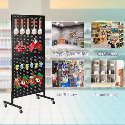 NectaCol 2'x 5' Standing Pegboard Display with T-Base, Pegboard Display Stand with Wheels, Metal Peg Board Display Rack, Art Display Stand, Extra 10 Pieces Hooks - Black - size: 1-Pack Black