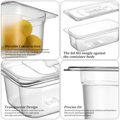 6 Pack 1/3 Size Plastic Clear Food Pans with Lids, 4 Inch Deep Stackable Commercial Food Storage Containers for Kitchen, Restaurant, Cafeteria Foods Prep, 3.77qt/ 3.57L