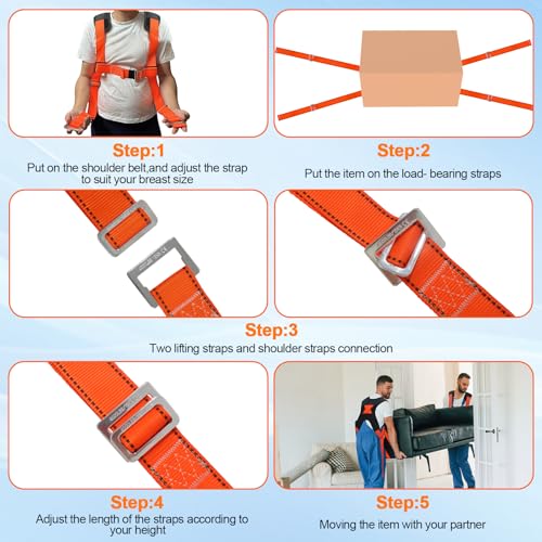 Furniture Moving Straps with Chest Buckle for 2 Movers up to 1000lbs - color: Orange & Black
