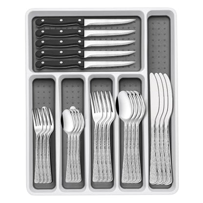 49-Piece Silverware Set with Organizer, Food-Grade Stainless Steel Flatware for 8, Cutlery Utensil Sets with Steak Knives, Rust-proof, Mirror Polished, Dishwasher Safe, Silver Tree Pattern - style: Tree Pattern - Silver