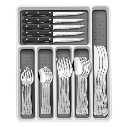 49-Piece Silverware Set with Organizer, Food-Grade Stainless Steel Flatware for 8, Cutlery Utensil Sets with Steak Knives, Rust-proof, Mirror Polished, Dishwasher Safe, Silver Tree Pattern - style: Tree Pattern - Silver