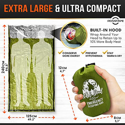 Ironstripe Bivy Sack XL Waterproof Survival Sleeping Bag with Emergency Whistle, Built-in Hood & Thermal Mylar - Tear & Puncture-Resistant