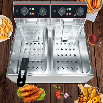 Commercial Deep Fryer with Basket, 12L Electricity Countertop Fryer Stainless Steel, 1800W Professional Food Fryer with Thermostat for Restaurant & Home, Large Capacity 12.7QT Oil Fryer, 120V - size: 8L double cylinder double screen
