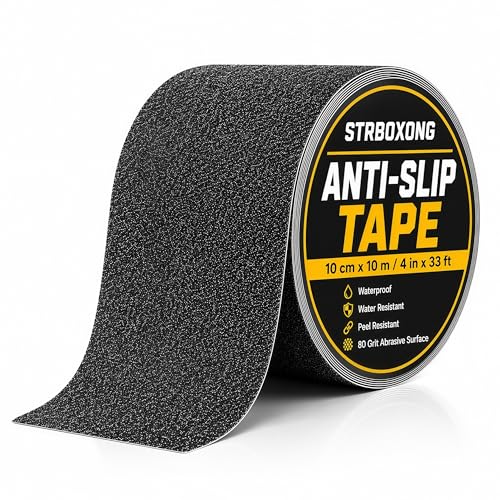 STRBOXONG Anti Slip Tape 4 in x 33 ft, Black 80 Grit Non Slip Grip Tape Roll, Waterproof Self Adhesive Traction Tape for Stairs Steps Ramps Ladders Workshop Walkways Industrial Safety Commercial Use - size: 4 in x 33 ft