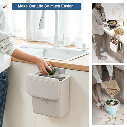 Kitchen Compost Bin Cabinet Hanging Small Trash Can with Lid 2.4 Gallon - color: grey