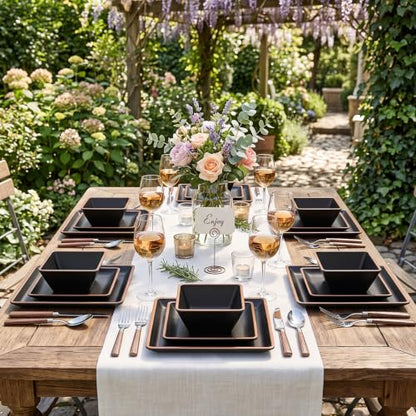 Melamine Dinnerware Sets Service for 4, Square Dinner Plates and Bowls Set - color: Metallic bronzed edge