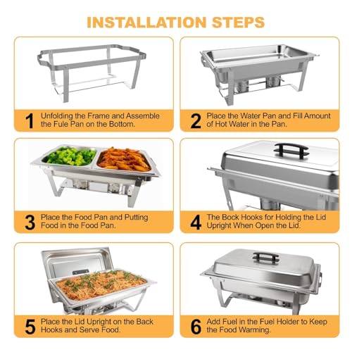 Festa Essential 3 Pack 8QT Rectangular Chafing Dish Buffet Set Stainless Steel Catering Chafers Food Warmer with Full,Half Food Pan,Fuel Holder,Foldable Frame For Weddings/Parties/Banquets Events - size: 1/1 pan*3, 1/2 pan*6