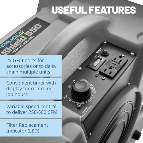 BlueDri Air Shield 550 HEPA Air Scrubber, Water Damage Restoration Equipment Air Purifier, Covers 1400 Sq. Ft, Daisy Chain Capable, For Commercial Use, Gray, BD-AS-550 - color: Grey