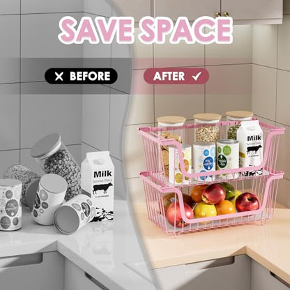 4 Pcs Stackable Wire Baskets for Pantry Organizers and Storage, Pink - color: 1-pink