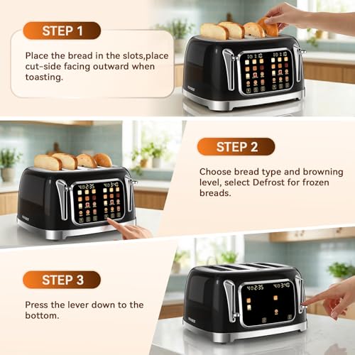 RONGBEST Retro Toaster 4 Slice with Stainless Steel Wide Slot Touch Screen for Family Breakfast, 6 Browning Levels for Bagel & Bread, Reheat & Defrost, Removable Crumb Tray, Jet Black - color: Jet Black
