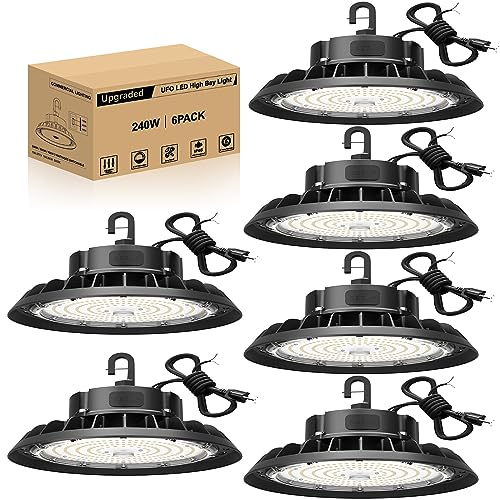 UFO LED High Bay Light 240W 6 Pack, High Bay LED Shop Light 36,000LM 0-10V Dimmable, 5' Cable with US Plug, Hanging Hook, Safe Rope, ETL Listed High Bay for Warehouse Factory Barn Shop
