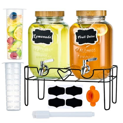 2 Pack 1 Gallon Glass Drink Dispensers for Parties with Stand, Fruit Infusers, Bamboo Lids and Stainless Steel Spigots, Beverage Dispenser Set for Lemonade, Juice, Iced Tea,Kombucha(Natural) - color: Natural