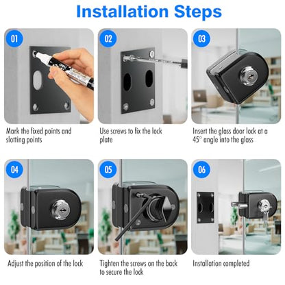 Ranbo No-Drill Glass Door Lock with Key, Lock to Wall or Floor, Dual-Bolt - color: LE-30A Brushed Black