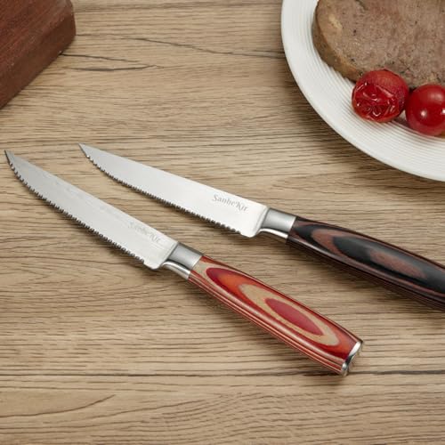 Steak Knives Set, 6/8/14 Piece Options, German High Carbon Stainless Steel, 5cr15MoV steel, Wood Handle,Full Tang Design,serrated Meat Knife, Sharp Dinner Knives (14PCS)