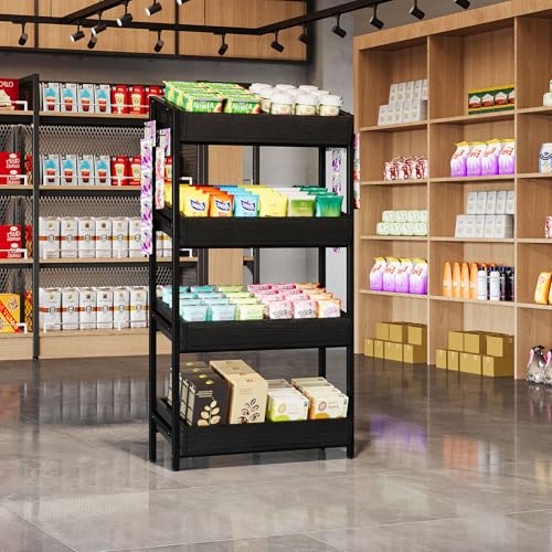 Tribesigns 4-Tier Retail Display Rack Stand, Wooden Snack Candy Rack, Heavy-Duty Wood Metal Concession Stands, Storage Shelf Organizer for Potato Chip (2, Black) - color: Black