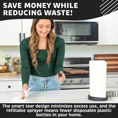 Stainless Steel Paper Towel Holder with Spray Pump – One-Handed Tear, Smart Traction System with Heavy Duty Suction Cups (Black, Spray Pump) - color: Black