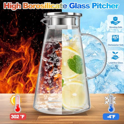 Nicunom 2 Pack 68 oz Glass Pitcher with Lid, BPA-Free Glass Water Jug Carafe Heat Resistant Ice Tea Pitcher for Juice, Sangria, Lemonade, Milk, Coffee, Cold and Hot Beverages, 2 Pcs Brush Included