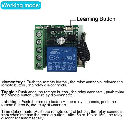 QIACHIP DC 12V 1CH 433Mhz RF Wireless Relay Module Remote Access Control Switch Momentary Toggle Delay Transmitter with Receiver for Doors,Lights(2 Relays + 4 Remote) - color: KR1201B_1-2